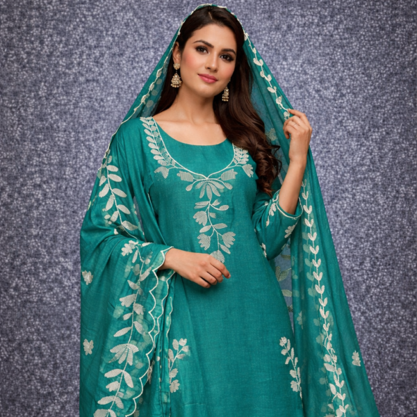 Teal Green Floral Embroidery Salwar Suit with Matching Dupatta