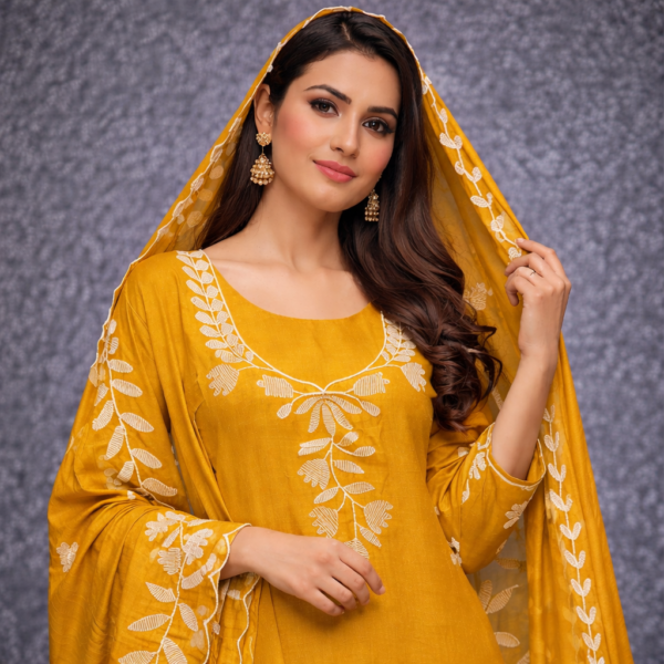 Golden Mustard Floral Embroidery Salwar Suit with Matching Dupatta