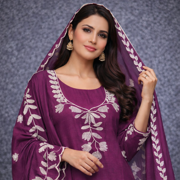 Purple Floral Embroidery Salwar Suit with Matching Dupatta