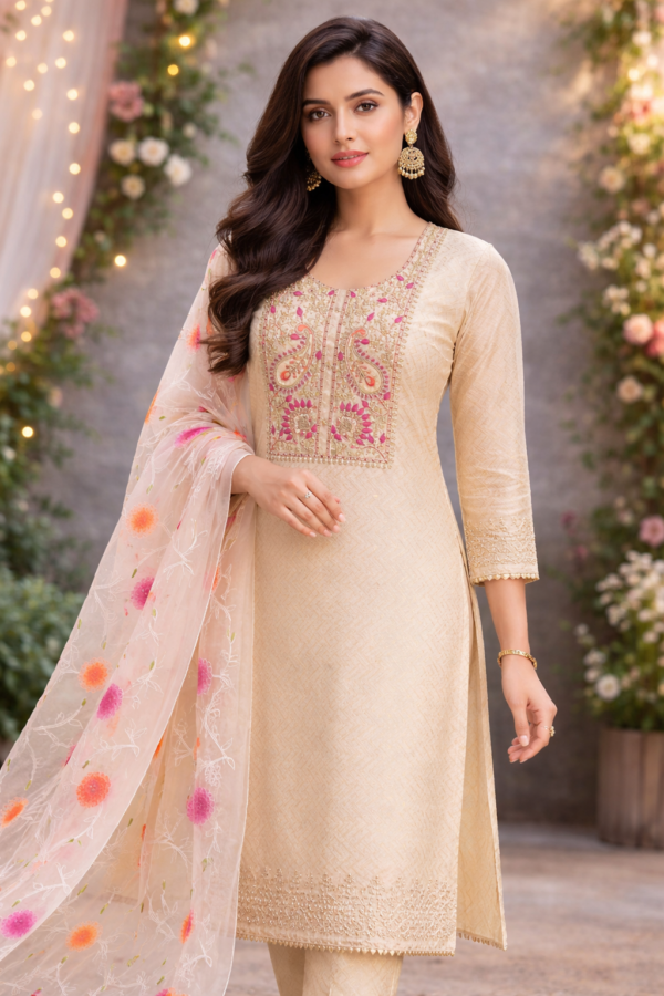 Off White Floral Embroidery Salwar Suit with Matching Dupatta